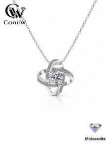 ConiiW 925 Sterling Silver 1ct Moissanite Clover Pendant Necklace, Fashion Collarbone Chain Unisex - Silver - View 2