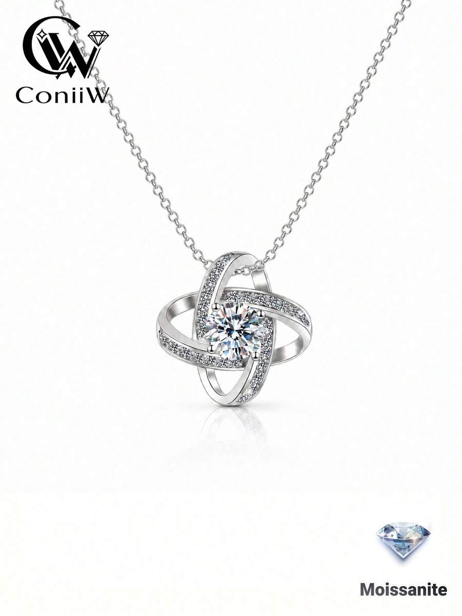 ConiiW 925 Sterling Silver 1ct Moissanite Clover Pendant Necklace, Fashion Collarbone Chain Unisex
