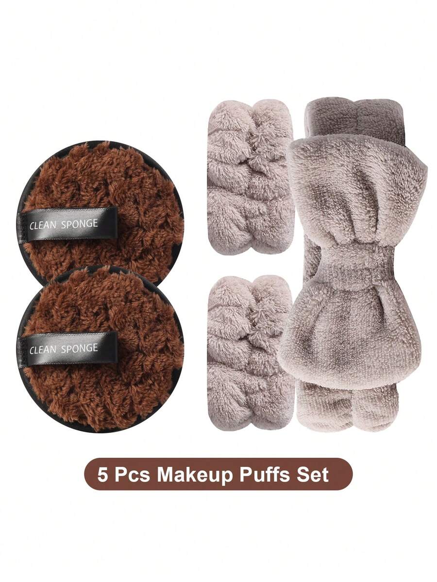 3/5pcs Daily Skincare Accessory Set, Round Reusable Face Cleansing Pads, Fluffy Bowknot Headband And A Pair Of Wristbands, Soft Absorbent Washable Facial Cleansing And Makeup Removal Tools - Brown - View 1