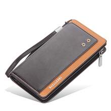 Smooth PU Long Wristlet Clutch Wallet, Solid Black Full Zip Multi Slot Travel Handheld Cash Card Organizer - Black - View 2