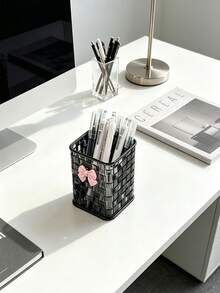 2pcs/1pc Ins Luxury Woven Square Pen Holder With Cute Bow Decoration, Student Desk Organizer, Office Large Capacity Pen Holder, Makeup Brush Holder, Multi-Function Storage Container - Rectangle - View 12