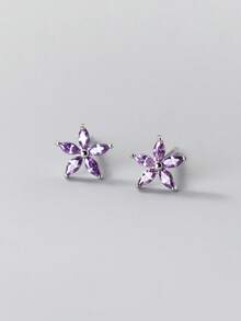1 Pair Minimalist S925 Sterling Silver Purple Zirconia Flower Stud Earrings For Women, Commute Daily Jewelry, Travel Party Gift - Flowers - Purple - View 2