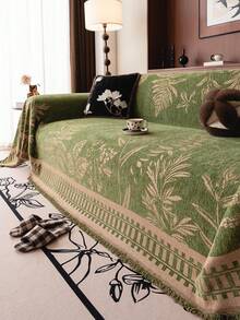 1pc Chenille Sofa Cover, Bohemian Leaf Pattern, Soft And Durable, Pet Friendly, Machine Washable, Includes Sofa Protector, Suitable For Bedroom, Living Room, Home Decor - Olive Green - View 1