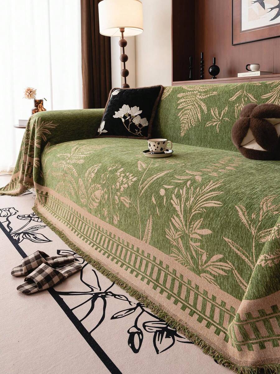 1pc Chenille Sofa Cover, Bohemian Leaf Pattern, Soft And Durable, Pet Friendly, Machine Washable, Includes Sofa Protector, Suitable For Bedroom, Living Room, Home Decor - Olive Green - View 1