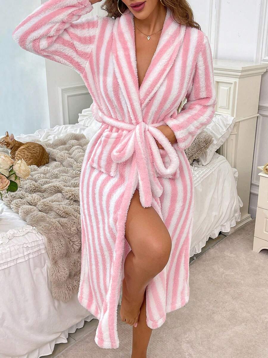 Women's Autumn/Winter Long Sleeve Belted Loungewear, Warm Fluffy Loose Comfortable Soft Pink Striped Print Fleece Robe