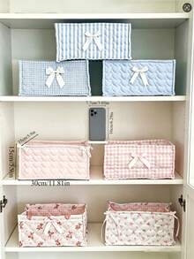 1pc Cute Light Blue 3D Bow Lace Storage Basket, Suitable For Storing Baby Diapers, Desktop Clutter, Lipsticks, Makeup Brushes, Skincare Products, Also Can Be Used As Desktop Decor, Cosmetic Storage Box, Portable Picnic Basket, Valentine's Day Gift, Bathroom Storage, Skincare Storage, Suitable For Home And Travel Use. - 彩色 - 查看 4
