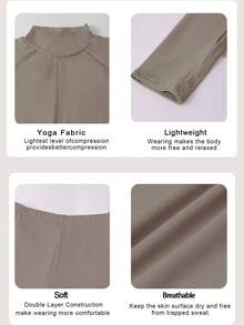 Conjunto deportivo casual de 2 piezas para mujer, top de manga larga con cuello alto, orificios para el pulgar y ajuste ceñido, shorts de cintura alta con control de abdomen y levantamiento - Albaricoque - Ver 9
