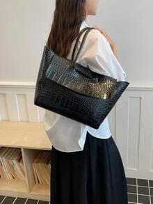 新款女款托特包 素色大容量仿鱷魚壓紋手提包 適合日常通勤 空間充足 便攜實用 百搭經典休閒商務風 適合職場人士 工作 校園 旅行 - 黑色 - 查看 4