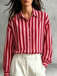 Explosion Women's Spring/Summer/Autumn/Winter Street Retro Bohemian Style Vacation Color Block Striped Pattern Pink Casual Lapel Long Sleeve Red - Merah - View 6