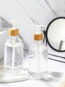 Bamboo Bathroom Organizer Set With Soap Dispenser And Cotton Swab Jar, Minimalist Vanity Tray Set For Bathroom Countertop Storage, Modern Clear Pump Bottle & Q-Tip Holder For Home Decor - Multicolor - View 3