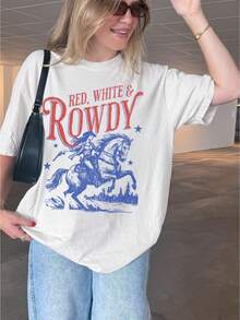 Cowgirl 4th Of July Shirt, Red White And Rowdy Shirt, Womens 4th Of July T-Shirt, Cowgirl TShirt, Patriotic Tee, 100% Cotton Womens Graphic T Shirts - 白色 - 查看 2