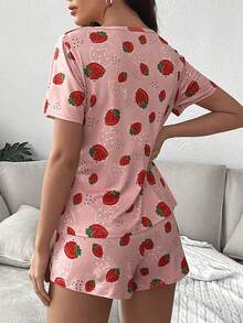 2pcs Strawberry Print T-Shirt Pajama Set, Cute Fruit Print Loungewear For Summer, Suitable For Home Wear - Watermelon Pink - View 3