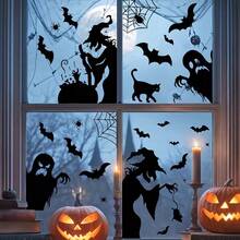 27 piezas/3 hojas Pegatinas decorativas para ventanas de Halloween, Bruja aterradora, Fantasma, Murciélago y Araña, Accesorios de bruja, Elementos de caldero de bruja - Víspera de Todos los Santos - Ver 6