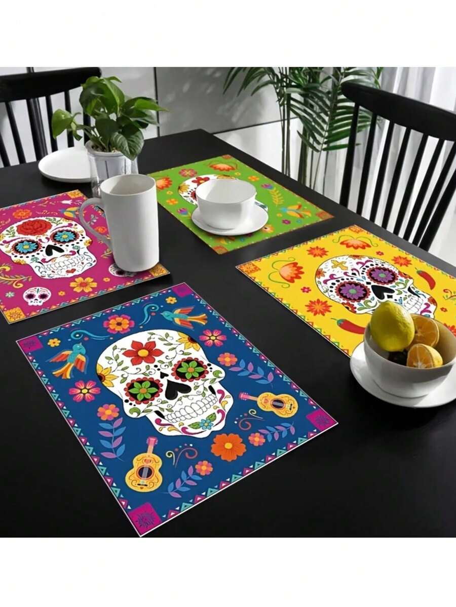 4 Stücke/1 Stück Mexikanische Tag der Toten bunte Totenkopf Tischsets, mehrere Stile bunte Totenkopf Muster zur Auswahl, waschbar, Tischschutz, hitzebeständige Tischsets, Halloween, Tag der Toten, Karnevalsfestival Party Heimdekoration, Tischdekoration, Küchenzubehör, Partydekoration, Heim- und Restaurantzubehör - Mehrfarbig - Übersicht 1