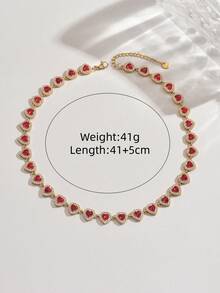 1件女款金色不鏽鋼心形全水鑽紅色項鍊，時尚飾品，18K鍍金 - 紅色 - 查看 4