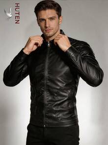 Men's PU Leather Slim Fit Zipper Casual Motorcycle Jacket - Black - View 2