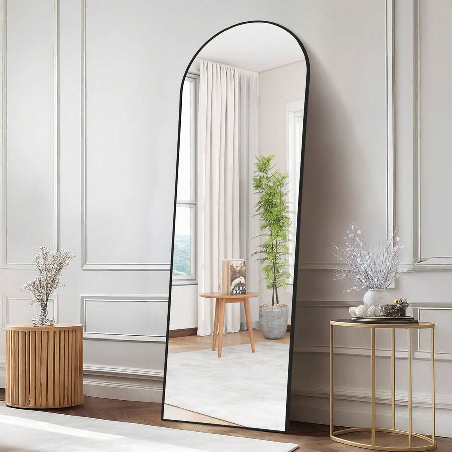 EDIMENS Full-Length Mirror, 160 X 50 Cm, Curved Standing Mirror, Aluminum Alloy Frame, Tempered Glass, For Bedroom, Living Room, Wardrobe - 160x50cm-Schwarz - 查看 1