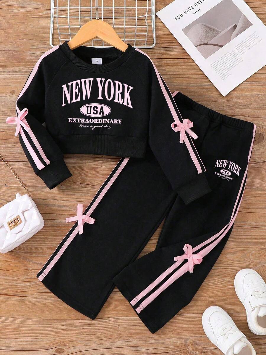 Tween Girl Letter Pattern Bow Decor Crew Neck Sweatshirt And Pants - Black - View 1