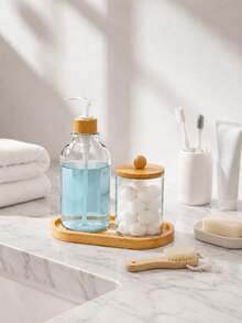 Bamboo Bathroom Organizer Set With Soap Dispenser And Cotton Swab Jar, Minimalist Vanity Tray Set For Bathroom Countertop Storage, Modern Clear Pump Bottle & Q-Tip Holder For Home Decor - Multicolor - View 4