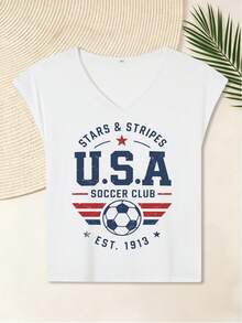 Bestseller Retro Streetwear USA Soccer Fan Stars Stripes Graphic Women's V Neck Cap Sleeve Top, For Street Hangout Vacation Game Day - White - View 3