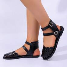 Vintage Hollow Toe Women's Flat Sandals, Solid Color Faux Leather Upper, Double Buckle Heel Strap, Casual Vacation, Lightweight And Breathable - Black Buckle - View 10