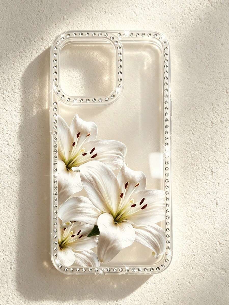A White, Rhinestone-Studded, Clear Phone Case With A White Lily Pattern, Compatible With IPhone 17 Pro, 16e, 16 Pro, 15, 14, 13, 12, And 11 Models. A Summer Essential, Suitable For Everyday Use. Elegant Design, Unisex, And A Perfect Gift For Your Girlfriend During Christmas, Valentine's Day, Easter, Wedding Season, And Birthdays! - Clear - View 1