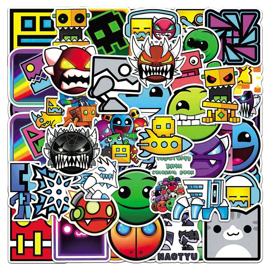 50Pcs Funny Geometry Dash Stickers Scrapbook Aesthetic Stickers Geometry Dash Game Decoration Merch Helmet Stickers Dirt Bike Stickers Vinyl Waterproof Stickers For Water Bottle,Computer,Laptop,Phone,Luggage,Notebook,Fridge