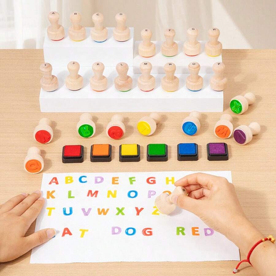 1 Set Children's Wooden Fun Letter Stamp Set, English Letter Ink Pad Combination, Baby English Enlightenment Doodle Painting Toy