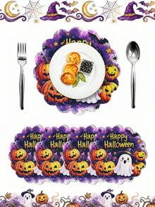 4件組 Happy Halloween 圓形亞麻餐墊，南瓜與幽靈圖案，萬聖節桌墊，西式餐墊，萬聖節裝飾，萬聖節派對裝飾，不給糖就搗蛋裝飾，Happy Halloween 裝飾，桌面配件 - 多色 - 查看 8