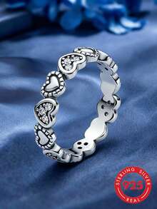 1pc S925 Sterling Silver Heart Shaped Ring, Rhinestone Inlaid Women's Wedding Ring, Girl's Promise Ring, Eternity Ring, Women's Jewelry Gift - Style 9 - View 1