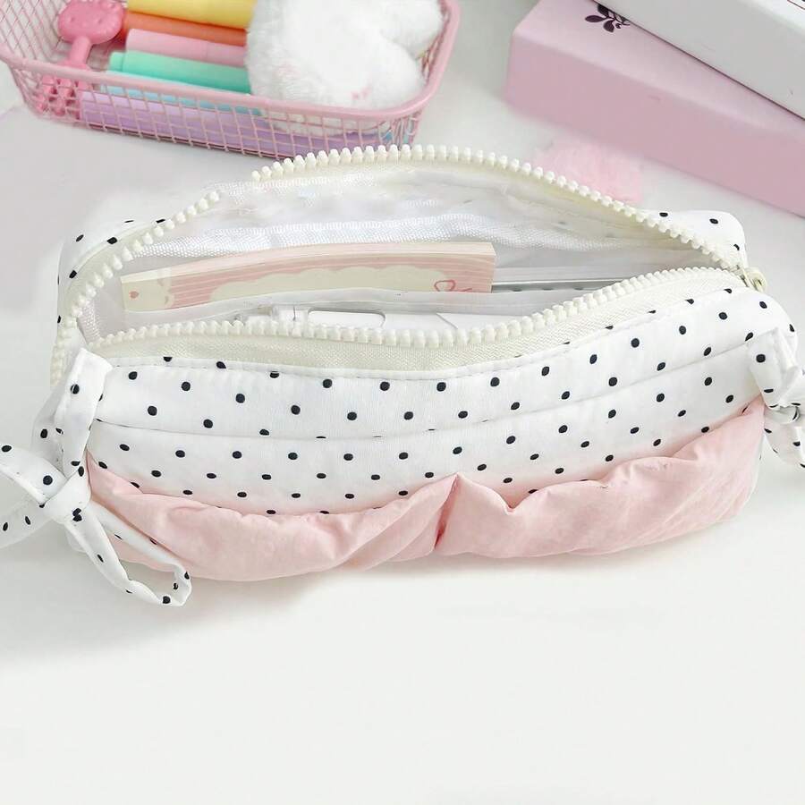 1pc Cute Polka Dot Bow White & Pink Large Capacity Zipper Pencil Case, Student Stationery Storage Bag, Multi-Functional Fabric Organizer - Perfect Choice For Back To School Season - Polka Dot Bow Pencil Case - View 1