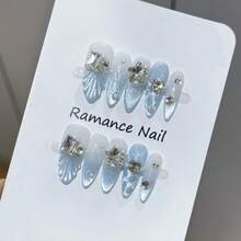 Uñas postizas hechas a mano para usar, nuevas, azul brumoso con efecto ojo de gato, largas, de alta gama, puntas de uñas cola de pez con strass, pegatinas de uñas premium, uñas postizas de presión hechas a mano - Neblina azul - Ver 5