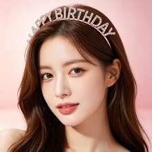 Birthday Party Rose Gold Rhinestone Crown Headband + Birthday Sash Set, Party Atmosphere Set - 1 Set - View 1