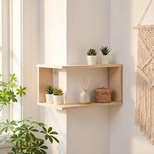 1 pieza Estantería de pared de madera trapezoidal, estilo nórdico, color madera clara, rectangular, estante de almacenamiento abierto, adecuado para decoración de sala de estar, dormitorio, estudio - A - Ver 4