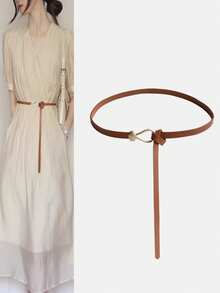 1pc Women's Minimalist Elegant Metal Buckle Leather Belt, Artistic Thin Waist Chain, Fashionable Tie-Up No-Buckle Design, Elegant Dress Decoration, Student And Youth Decorative Belt, Korean Style, Suitable For Summer, Campus, Autumn, Daily Wear And Halloween - Multicolor - View 8