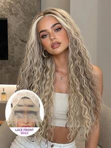 Topshe 28 Inch Gray-Gold Long Curly Wig, Dark Roots, Glueless, 13*6 Lace Front Hairline, Synthetic Gradient Gold Wig, Natural Hairline, High Density Soft Fluffy Wavy Hair, Suitable For Daily Wear, Party, Vacation, Holiday, Cosplay, Halloween - Ombre - View 11