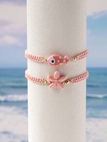 2pcs/Set Tropical Ocean Starfish Fish Design Multi-Layer Bracelet Set, Summer Beach Daily Vacation Party Jewelry - Pink - View 3