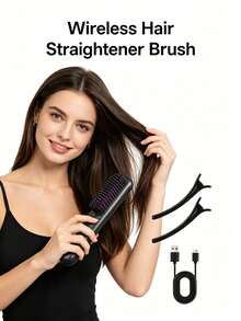 HYUNDAI Multi-Functional 2-In-1 Straightening & Curling Hair Brush, Rechargeable Portable Straightening Brush, Lightweight And Compact, With 3 Adjustable Heat Settings For Perfect Hairstyles Anytime-Ideal For Travel, Home, Hotels, Dorms, And More. - Black - View 4