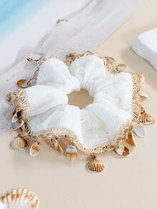 Embroidered Shell Tassel Lace Hair Scrunchie, Women's High-End Fashion Half-Up Ponytail Hair Tie, Beach Vacation Accessory - Multicolor - View 2