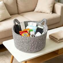1pc/3pcs Handmade Woven Cat Design Rope Storage Basket, Cat Ear Decor Woven Desktop Storage Basket, Suitable For Living Room, Bedroom, Desktop, Bedside, Bathroom, Dorm, Home Atmosphere Decor, Modern Bohemian Rope Hanging Basket, Natural Mixed Rattan Decor, Perfect For Back To School Season - Black and White - View 5