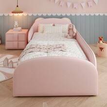 Upholstered Bed, Single Bed, Children's Bed, Cute Bear-Shaped Headboard, With A Bedside Table In The Same Color Scheme - 粉色 - 查看 3