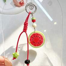 1 pièce Porte-clés en résine de fruit avec perles de corde tressées à la main, pendentif de sac fraise orange pastèque tomate figue - Multicolore - Voir 10
