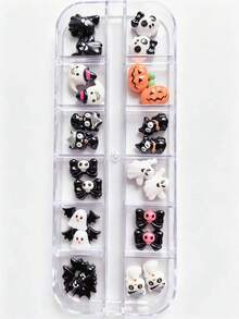 Halloween Nail Charms, 3d Resin Nail Decorations, 12 Grids Mixed Nail Art Box, Devil Pumpkin Nail Ornaments, Clown,Black Cat Nail Charms, Spooky Goth Manicure Supplies, Press On Nail Accessories, Halloween Nails Salon Diy , Cartoon Clown Nail Studs - Multicolor - View 6