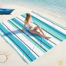 1pc Extra Large Striped Sand-Proof Quick-Dry Beach Towel Mat, Suitable For 1-3 Adults - Lightweight, Durable Polyester Fabric - Perfect For Travel, Camping, Hiking And Leisure Beach Time, Beach Mat, Picnic Mat, Camping Ground Cover - Mint Blue-green Vertical Stripes - View 2