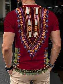 Camiseta de manga corta con cuello en V y estampado geométrico de dashiki africano color burdeos para hombre, estilo bohemio ligero para playa y vacaciones casual - Multicolor - Ver 4