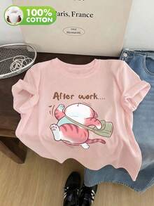 女款日常胖貓印花下班後穿搭圓領短袖休閒春/秋/夏T恤女裝上衣 - 粉色 - 查看 4