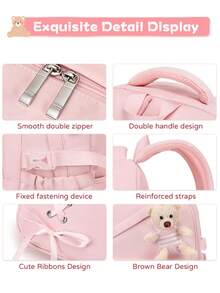 3pcs Set Solid Color Cute Bear (Detachable) Backpack Set, Cute School Bag With Bow Ribbon (Detachable), Crossbody Bear Lunch Bag, Zipper Closure, Large Capacity Multi-Pocket Lightweight School Bag, Suitable For Various Occasions, Campus Backpack, Travel Backpack, Back To School Gift - A - View 6