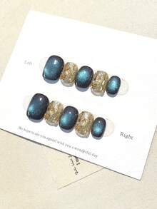 10 piezas de uñas postizas cortas cuadradas con strass de perla ojo de gato azul-verde, nueva colección de otoño e invierno, unicolor simple, elegante y encantador. Adecuado para mujeres y niñas. Incluye pegamento de gelatina y tiras de frotar - Verde Oscuro - Ver 6