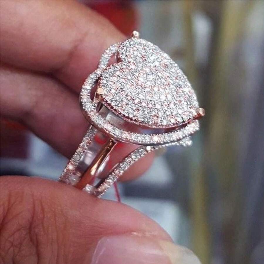 Anillo de mujer con forma de corazón, elegante y lujoso, con circonita cúbica brillante, perfecto para joyería de compromiso y regalo ideal para vacaciones - Plateado - Ver 1