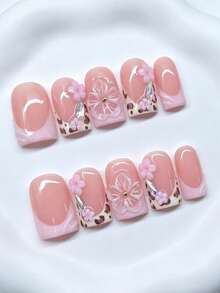 Zysa Medium Square Nude Pink Leopard Print Press On Nails, 3D Pink Flower Rhinestone Inlaid Glossy Fake Nails, Sweet Coquette Eid Ramadan Bridal Floral Reusable False Nails Wedding Party Romantic Gentle Manicure Back To School Summer Graduation Y2k - Multicolor - View 3